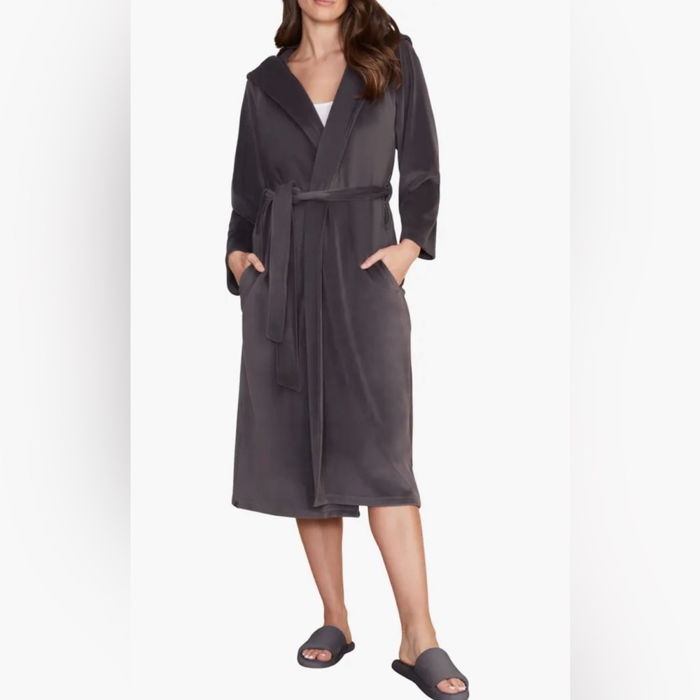 Barefoot Dreams Luxe Chic Hooded Velour Long Robe in Carbon BRAND NEW